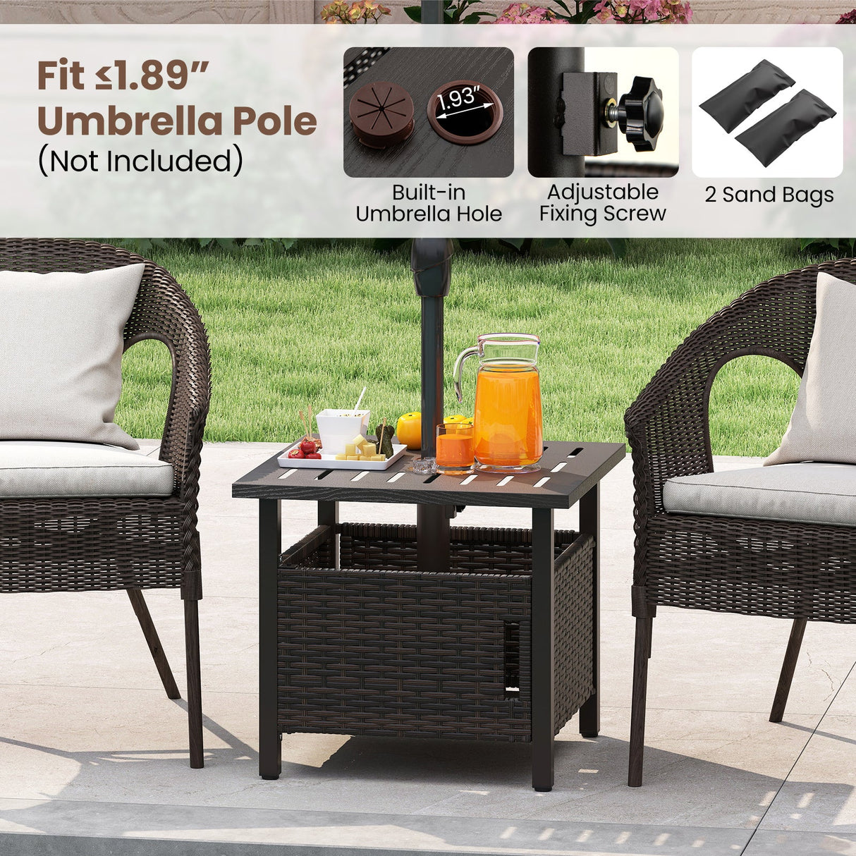 Mesa auxiliar de exterior con agujero para sombrilla de 4.9 cm, de mimbre PE, para patio, para todo tipo de clima - Marrón