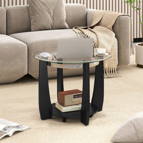 Mesa de centro redonda de cristal de 32" con 2 niveles y estante de almacenamiento