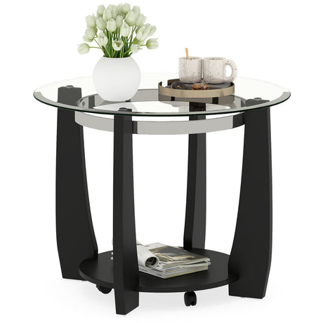 Mesa de centro redonda de cristal de 32" con 2 niveles y estante de almacenamiento