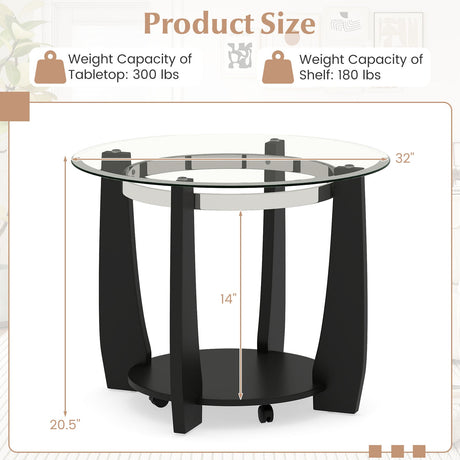 Mesa de centro redonda de cristal de 32" con 2 niveles y estante de almacenamiento