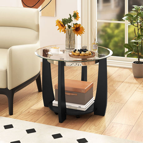 Mesa de centro redonda de cristal de 32" con 2 niveles y estante de almacenamiento