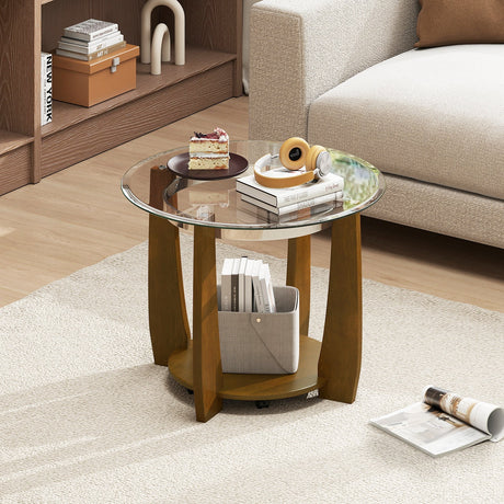 Mesa de centro redonda de cristal de 32" con 2 niveles y estante de almacenamiento