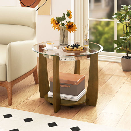 Mesa de centro redonda de cristal de 32" con 2 niveles y estante de almacenamiento
