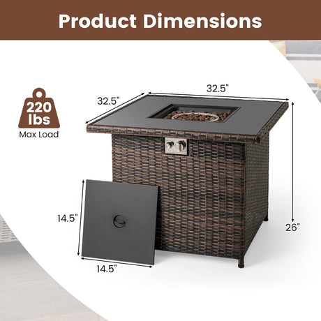 Mesa de fogata de propano de 32.5 pulgadas y 50,000 BTU con tablero de vidrio templado