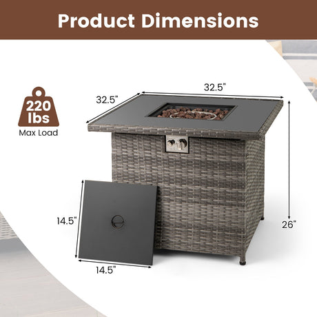 Mesa de fogata de propano de 32.5 pulgadas y 50,000 BTU con tablero de vidrio templado