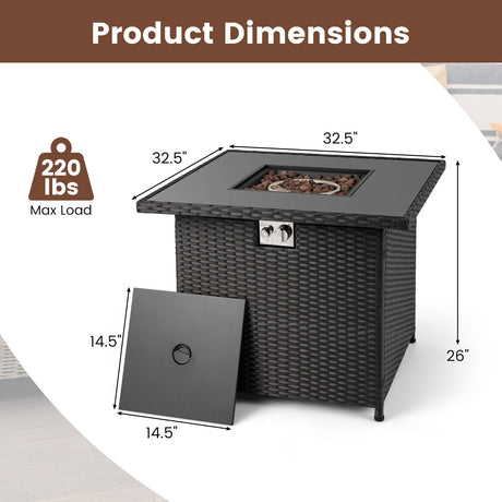 Mesa de fogata de propano de 32.5 pulgadas y 50,000 BTU con tablero de vidrio templado
