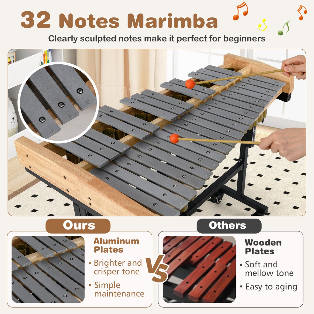 Xilófono de aluminio de 32 notas con base de madera de caucho - Dorado
