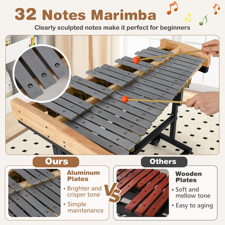 Xilófono de aluminio de 32 notas con base de madera de caucho - Dorado