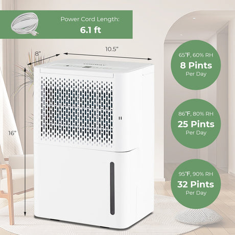 Deshumidificador de 2000 pies cuadrados y 32 pintas con modo continuo/secado/automático - Blanco