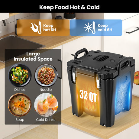 32 QT Transportador de Alimentos Aislado Portátil con Barril de Acero Inoxidable para Catering y Camping - Negro