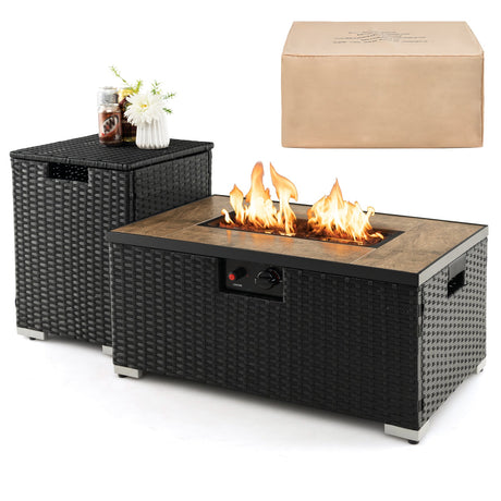 Juego de mesa fogata de ratán a gas propano de 32 x 20 pulgadas con mesa auxiliar, tanque y cubierta