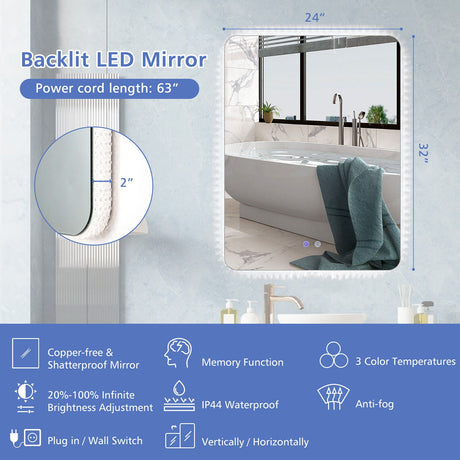 Espejo de pared inastillable de 32 x 24 pulgadas con luces de 3 colores y función antivaho