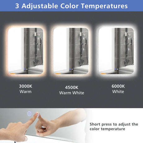 Espejo de pared inastillable de 32 x 24 pulgadas con luces de 3 colores y función antivaho