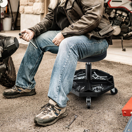 Taburete de mecánico neumático con ruedas, con capacidad de 150 kg y asiento acolchado