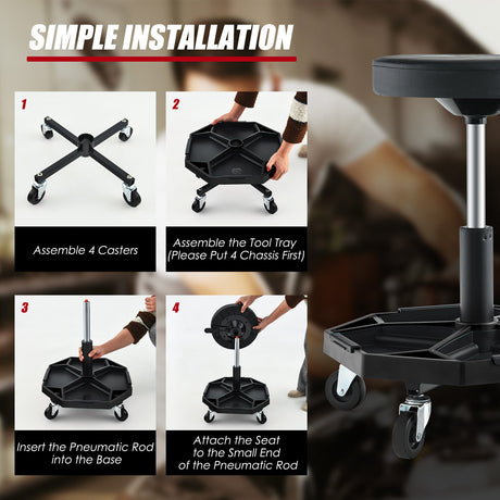Taburete de mecánico neumático con ruedas, con capacidad de 150 kg y asiento acolchado