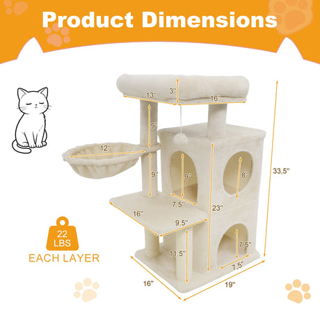 Torre para gatitos de 33.5 pulgadas con condominio de 2 niveles y percha superior acolchada