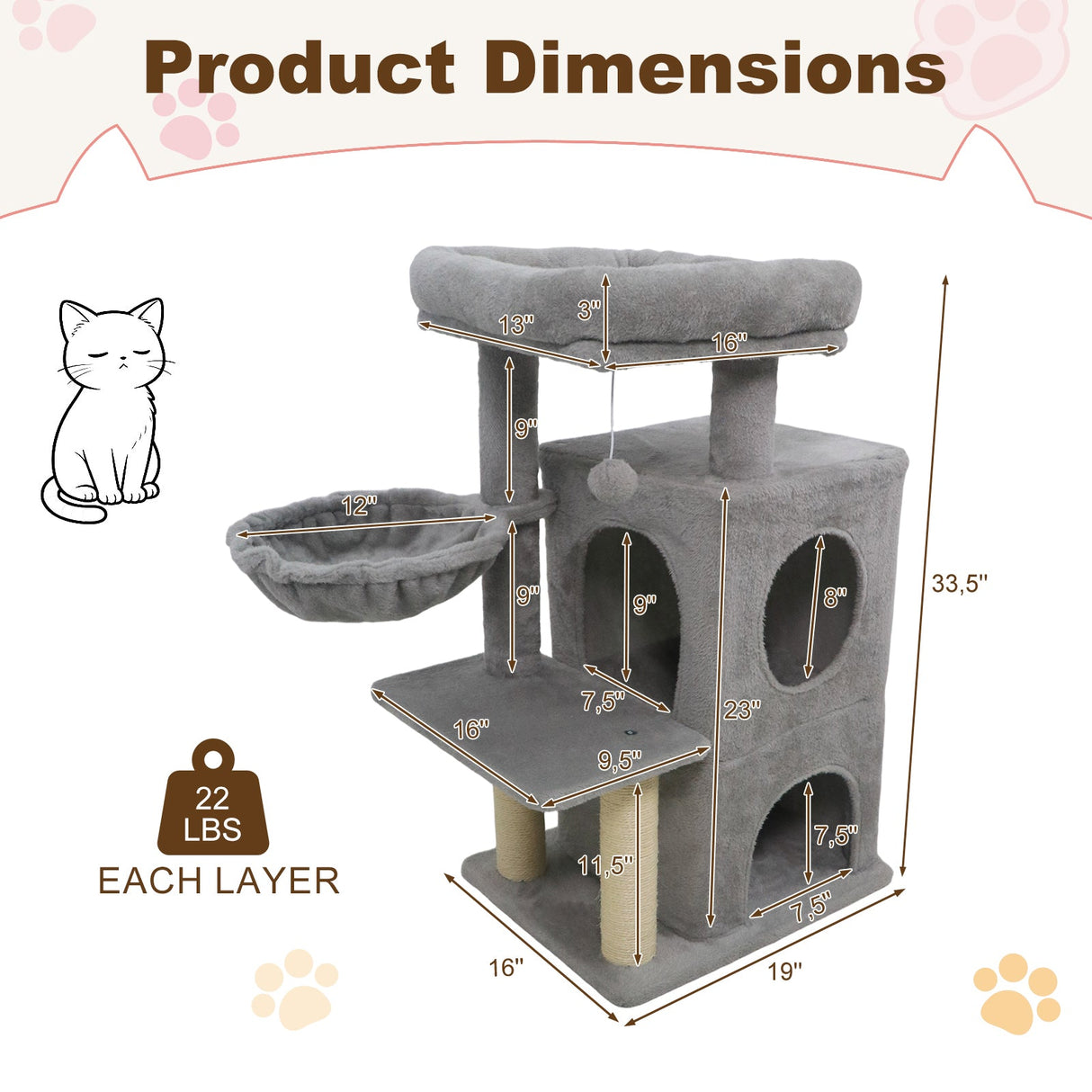 Torre para gatitos de 33.5 pulgadas con condominio de 2 niveles y percha superior acolchada
