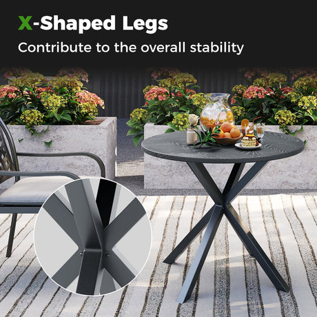 Mesa Bistró Redonda para Patio de 33.5 Pulgadas con Tapa de Aspecto de Madera y Patas en Forma de X-Gris