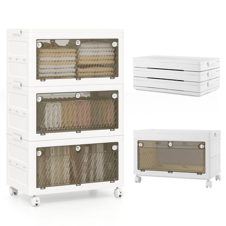 Cestas de almacenamiento de plástico apilables de 33 galones con tapa, paquete de 3, para dormitorio o sala de estar, color blanco