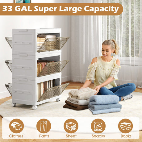 Cestas de almacenamiento de plástico apilables de 33 galones con tapa, paquete de 3, para dormitorio o sala de estar, color blanco