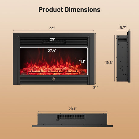 Inserto de chimenea eléctrica de 33/36 pulgadas 750W/1500W Calentador de chimenea empotrado