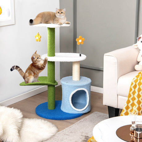 Árbol para gatos bonito de 34.5 pulgadas y 4 niveles con bolas que tintinean y condominio - Azul