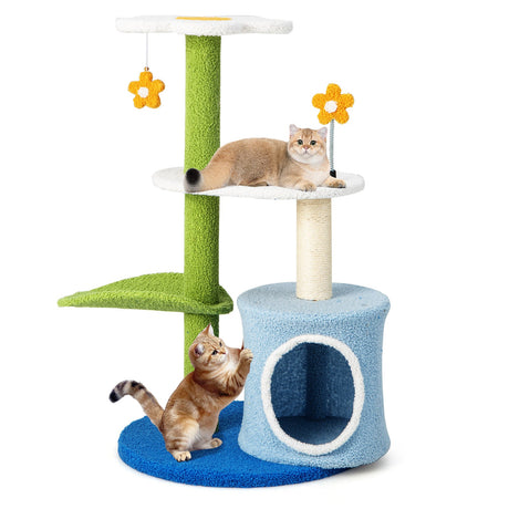 Árbol para gatos bonito de 34.5 pulgadas y 4 niveles con bolas que tintinean y condominio - Azul