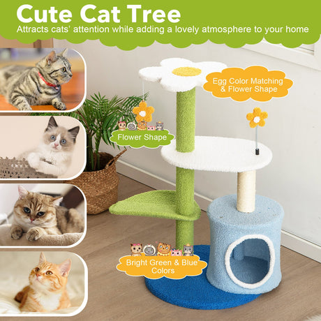 Árbol para gatos bonito de 34.5 pulgadas y 4 niveles con bolas que tintinean y condominio - Azul