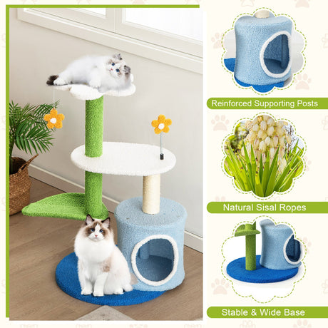 Árbol para gatos bonito de 34.5 pulgadas y 4 niveles con bolas que tintinean y condominio - Azul