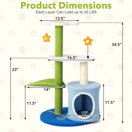 Árbol para gatos bonito de 34.5 pulgadas y 4 niveles con bolas que tintinean y condominio - Azul