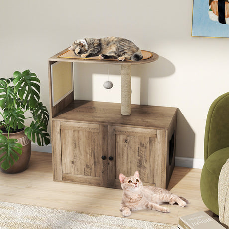 Rascador para gatos de 34.5 pulgadas con arenero, poste y alfombrilla de sisal - Gris
