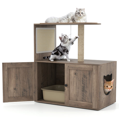 Rascador para gatos de 34.5 pulgadas con arenero, poste y alfombrilla de sisal - Gris