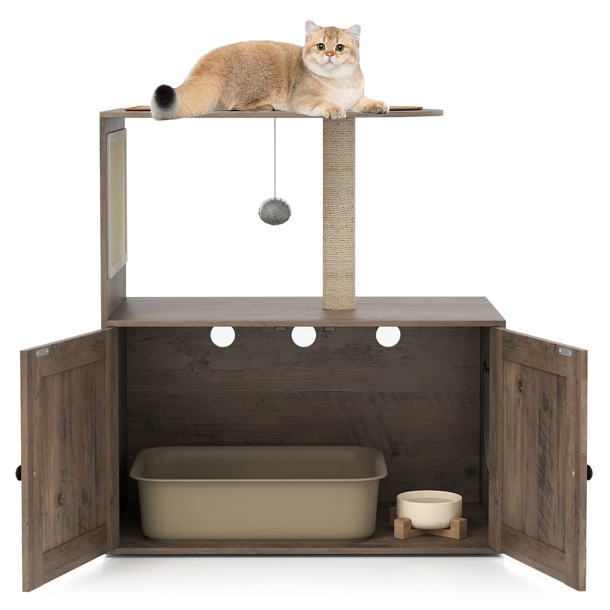 34.5 Inch Cat Tree with Litter Box Enclosure with Sisal Scratching Post and Mat-Gray