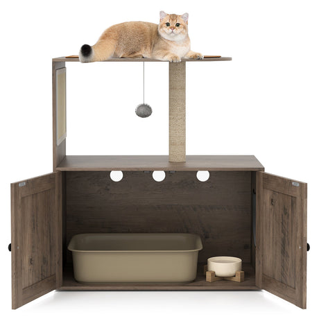Rascador para gatos de 34.5 pulgadas con arenero, poste y alfombrilla de sisal - Gris