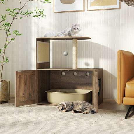 Rascador para gatos de 34.5 pulgadas con arenero, poste y alfombrilla de sisal - Gris