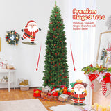 Pino de Navidad delgado con bisagras de 7.5 pies, preiluminado, con piñas y bayas rojas