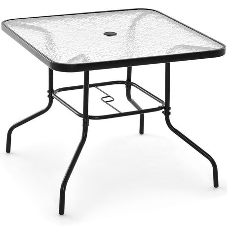 Mesa de comedor cuadrada de exterior de 34 pulgadas con tapa de vidrio templado y agujero para sombrilla de 1.5 pulgadas - Negro