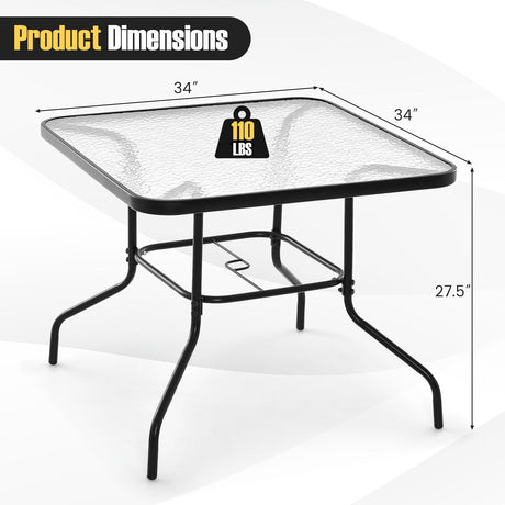 Mesa de comedor cuadrada de exterior de 34 pulgadas con tapa de vidrio templado y agujero para sombrilla de 1.5 pulgadas - Negro