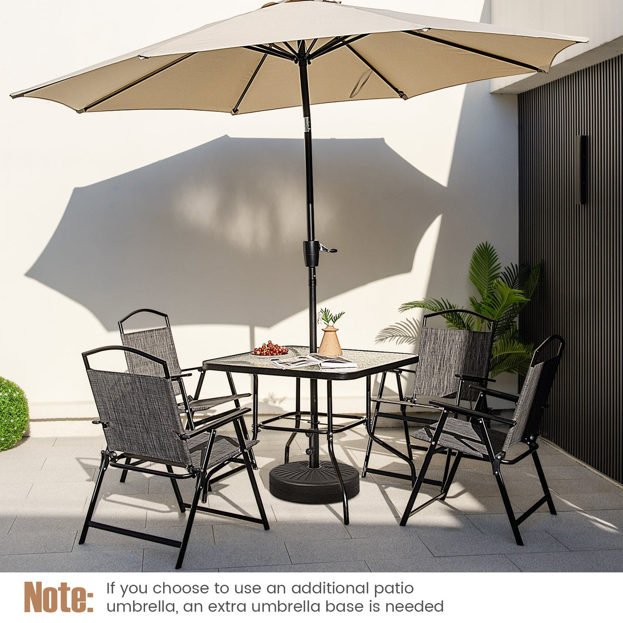 Mesa de comedor cuadrada de exterior de 34 pulgadas con tapa de vidrio templado y agujero para sombrilla de 1.5 pulgadas - Negro