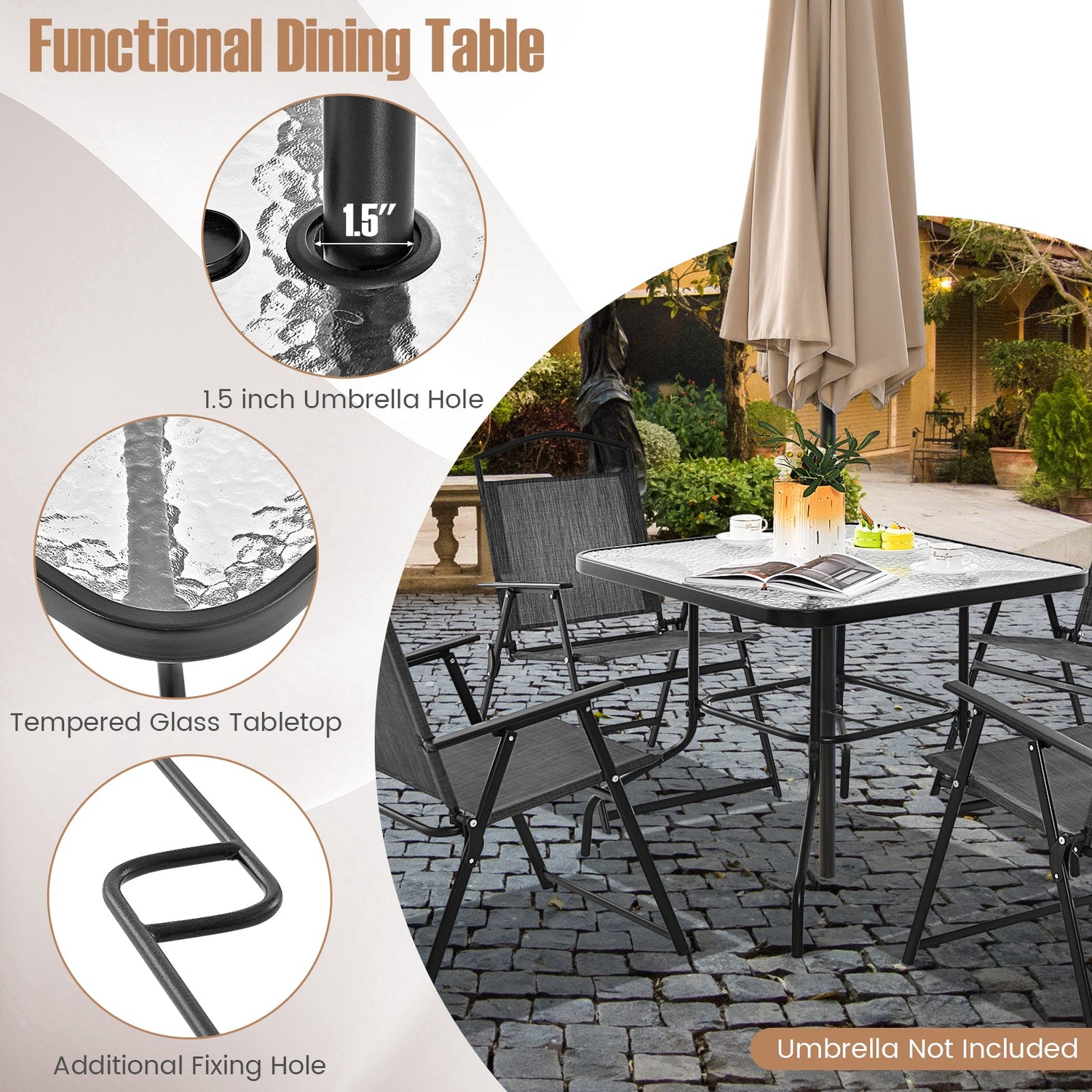 Mesa de comedor cuadrada de exterior de 34 pulgadas con tapa de vidrio templado y agujero para sombrilla de 1.5 pulgadas - Negro
