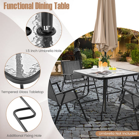 Mesa de comedor cuadrada de exterior de 34 pulgadas con tapa de vidrio templado y agujero para sombrilla de 1.5 pulgadas - Negro