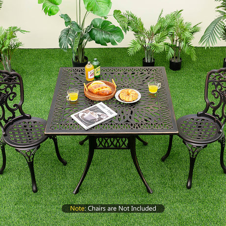 Mesa de comedor cuadrada de aluminio para patio de 35.4 pulgadas con orificio para sombrilla - Bronce