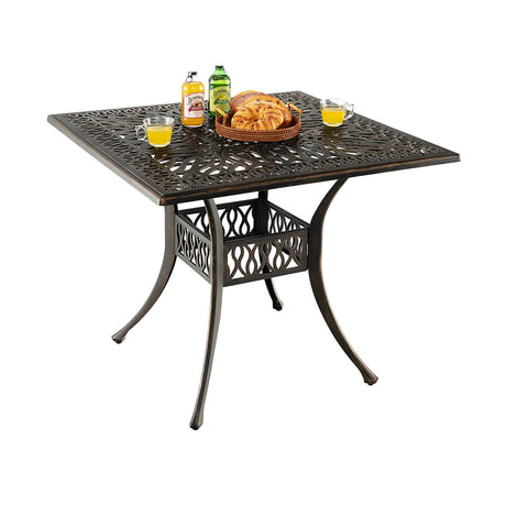 Mesa de comedor cuadrada de aluminio para patio de 35.4 pulgadas con orificio para sombrilla - Bronce