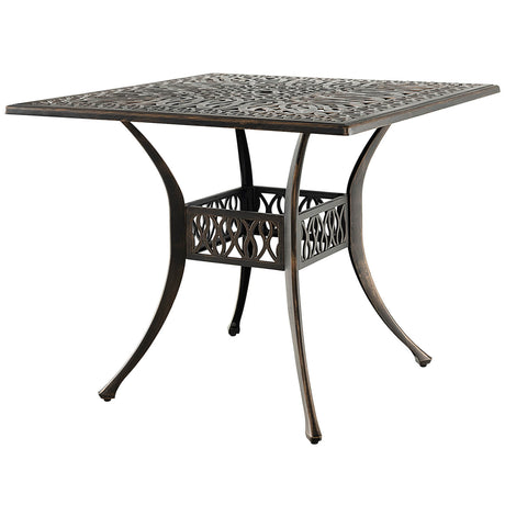 Mesa de comedor cuadrada de aluminio para patio de 35.4 pulgadas con orificio para sombrilla - Bronce