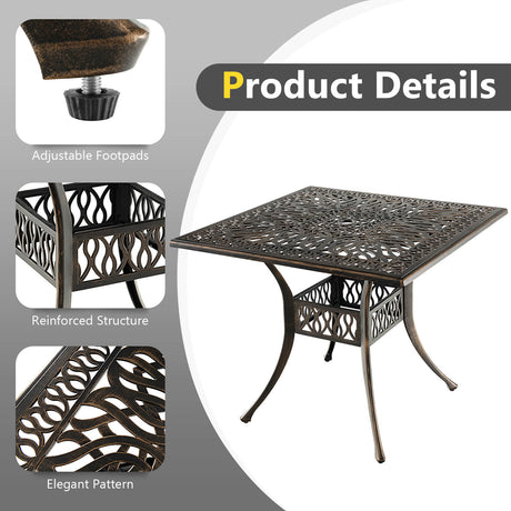 Mesa de comedor cuadrada de aluminio para patio de 35.4 pulgadas con orificio para sombrilla - Bronce
