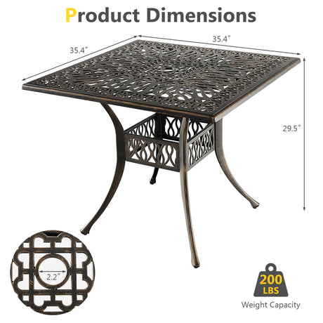 Mesa de comedor cuadrada de aluminio para patio de 35.4 pulgadas con orificio para sombrilla - Bronce