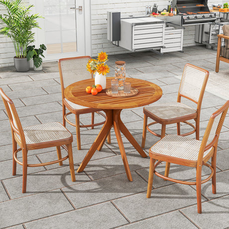 Mesa de comedor de patio de madera de 35.5 pulgadas con tablero de listones y patas curvadas
