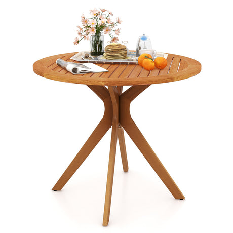 Mesa de comedor de patio de madera de 35.5 pulgadas con tablero de listones y patas curvadas