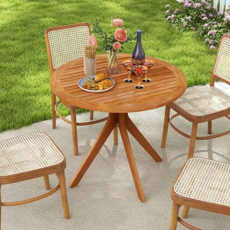 Mesa de comedor de patio de madera de 35.5 pulgadas con tablero de listones y patas curvadas