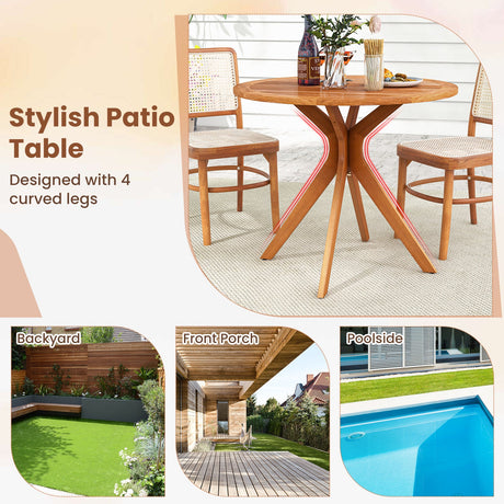 Mesa de comedor de patio de madera de 35.5 pulgadas con tablero de listones y patas curvadas